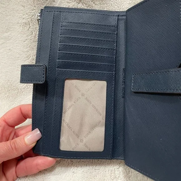 Michael Kors Jet Set Travel Large Double Zip Phone Wallet Wristlet Navy Leather - Picture 11 of 16